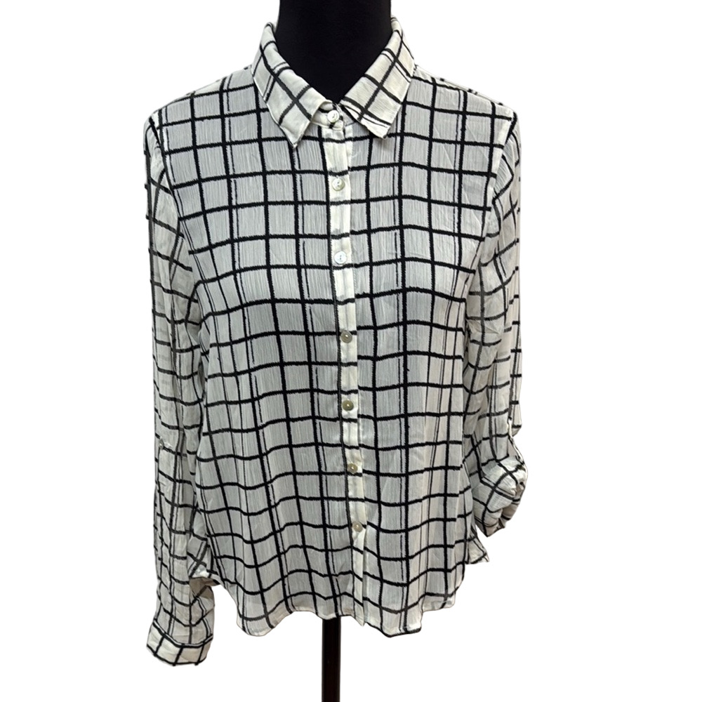 About A Girl Black White Windowpane Button Down Shirt NWT Relaxed